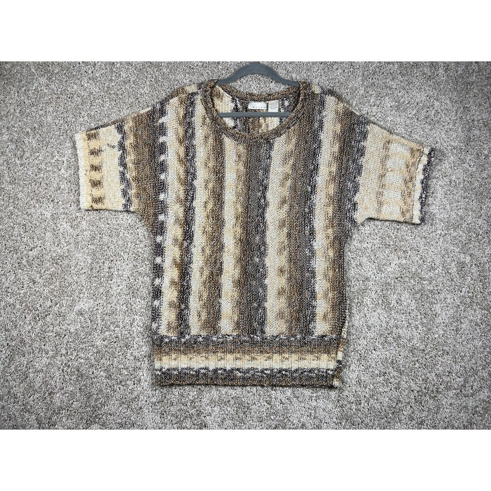 Tweeds Sweater Top L Brown Cream Marled Knit Short Sleeve Vintage
